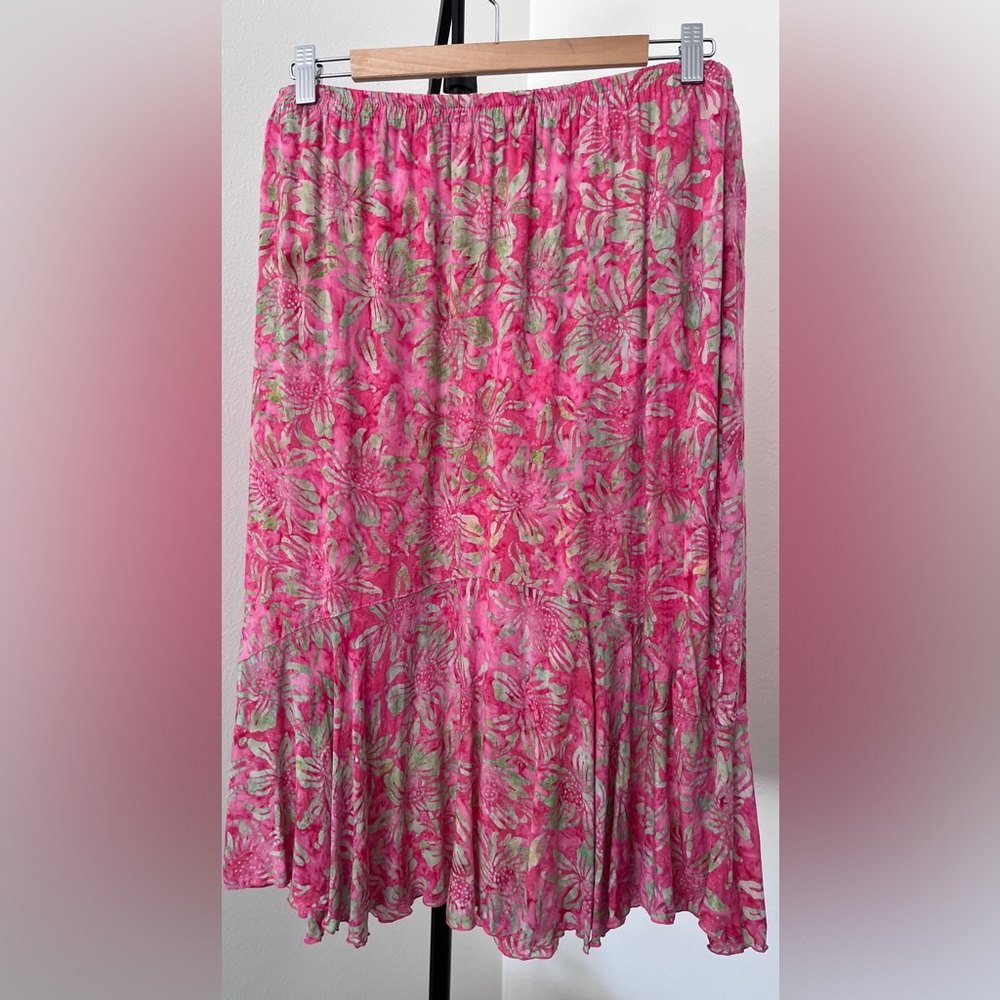 Nomadic Traders Batik Floral Skirt Pink Green | Boho Festival Skirt | M